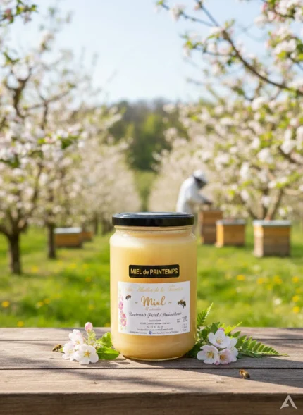 Pot de miel de printemps blanc et crémeux, récolté artisanalement en Côte d'Or
