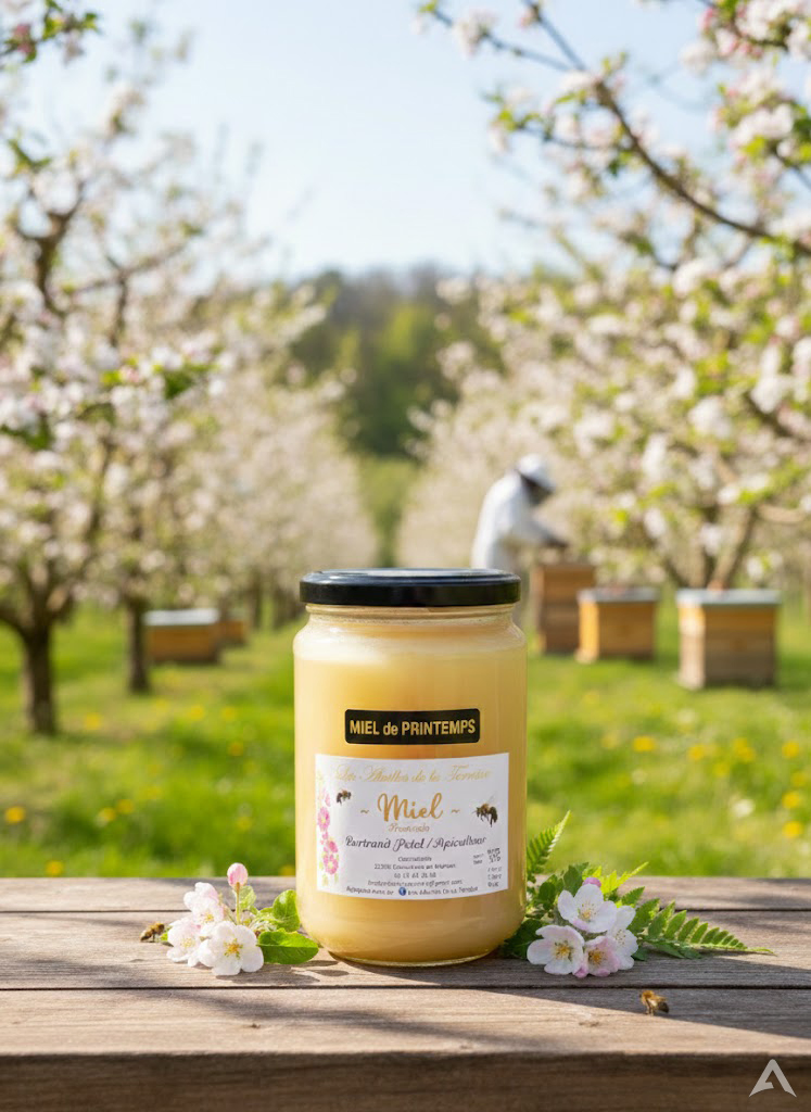 Pot de miel de printemps blanc et crémeux, récolté artisanalement en Côte d'Or Pot de miel de printemps blanc et crémeux, récolté artisanalement en Côte d'Or